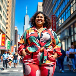 A confident and joyful plus-size woman standing in a vibrant city street