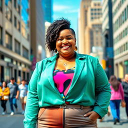 A confident and joyful plus-size woman standing in a vibrant city street