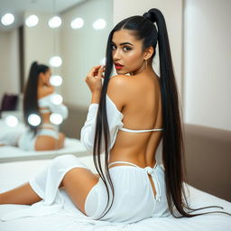 A beautiful 19-year-old Turkish woman with long black hair styled in a sleek, high ponytail sitting on a bed