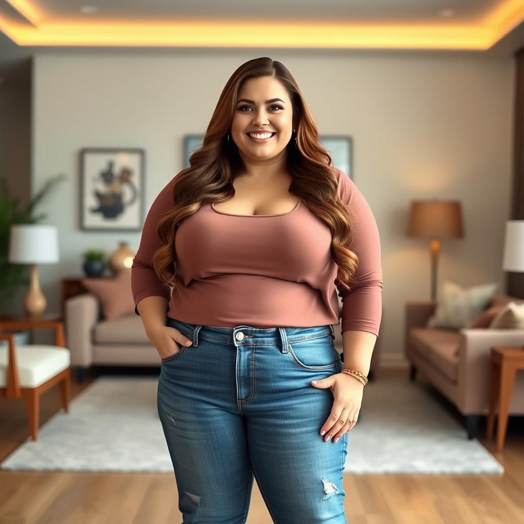 A confident and curvy plus-size woman with long brown hair and noticeably large bust, wearing stylish jeans