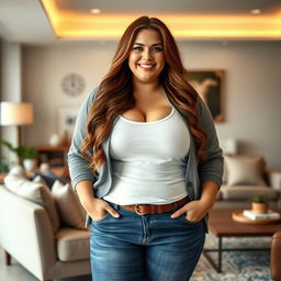 A confident and curvy plus-size woman with long brown hair and noticeably large bust, wearing stylish jeans