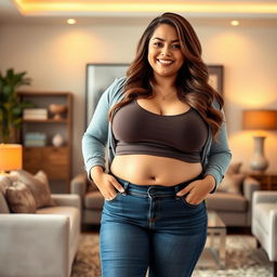 A confident and curvy plus-size woman with long brown hair and noticeably large bust, wearing stylish jeans