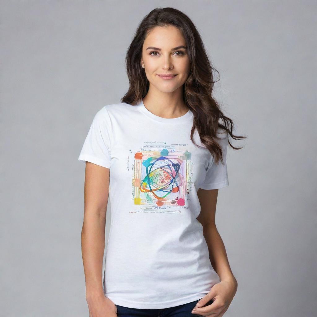 A white graphic t-shirt featuring creative and inspiring elements related to science, technology, engineering, and mathematics. The sleeves offer a splash of color that complements the design on the body.