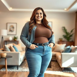 A confident and curvy plus-size woman with long brown hair and noticeably large bust, wearing stylish jeans