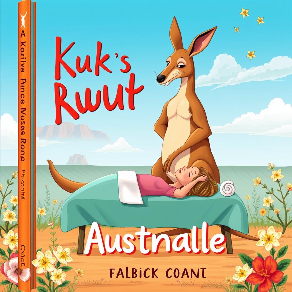 A whimsical book cover design featuring a muscular kangaroo skillfully massaging a relaxed lady in a uniquely Australian setting