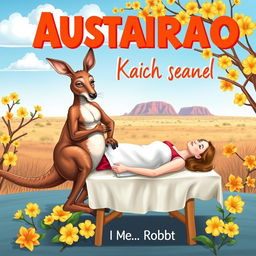 A whimsical book cover design featuring a muscular kangaroo skillfully massaging a relaxed lady in a uniquely Australian setting