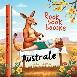 A whimsical book cover design featuring a muscular kangaroo skillfully massaging a relaxed lady in a uniquely Australian setting