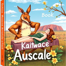 A whimsical book cover design featuring a muscular kangaroo skillfully massaging a relaxed lady in a uniquely Australian setting