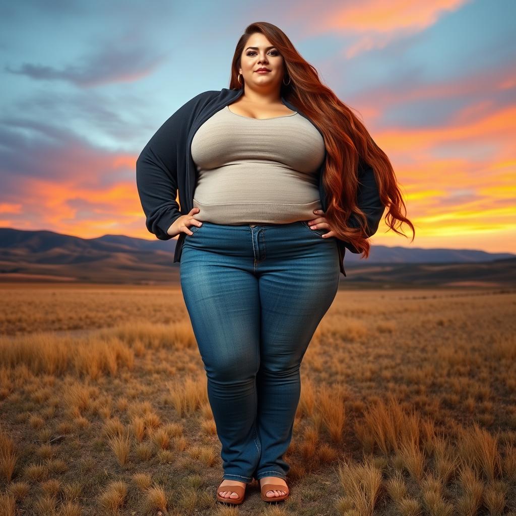 A colossal plus-size woman with long brown hair, extraordinarily large bust, and dressed in fashionable jeans