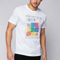 A white graphic t-shirt featuring creative and inspiring elements related to science, technology, engineering, and mathematics. The sleeves offer a splash of color that complements the design on the body.