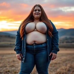 A colossal plus-size woman with long brown hair, extraordinarily large bust, and dressed in fashionable jeans