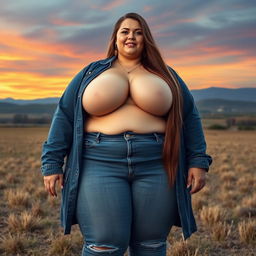 A colossal plus-size woman with long brown hair, extraordinarily large bust, and dressed in fashionable jeans