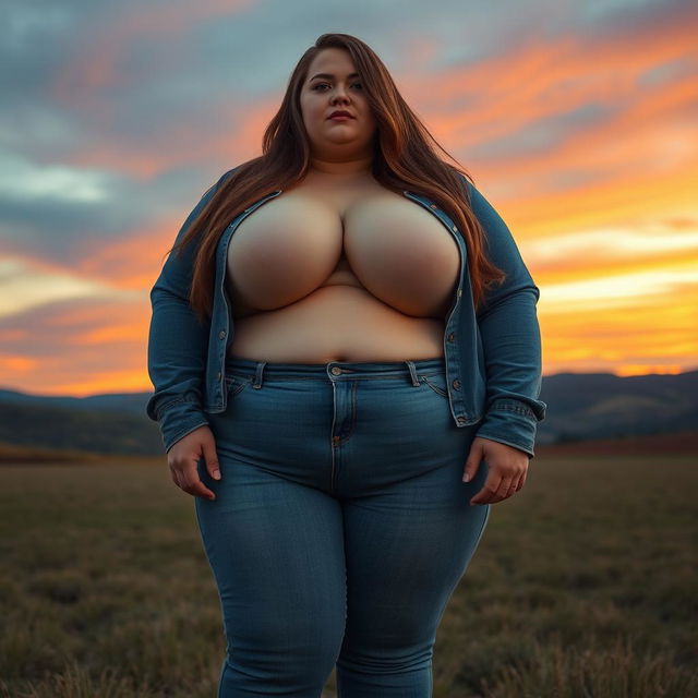 A colossal plus-size woman with long brown hair, extraordinarily large bust, and dressed in fashionable jeans