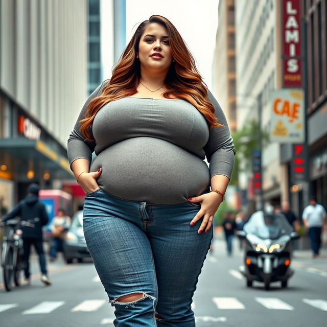 A colossal plus-size woman with long brown hair, extraordinarily large bust, and dressed in jeans that emphasize her grand size