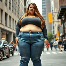 A colossal plus-size woman with long brown hair, extraordinarily large bust, and dressed in jeans that emphasize her grand size