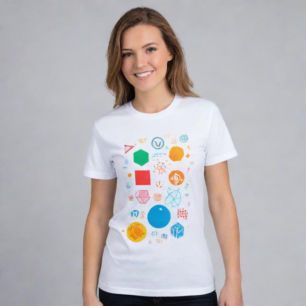 A white graphic t-shirt featuring creative and inspiring elements related to science, technology, engineering, and mathematics. The sleeves offer a splash of color that complements the design on the body.