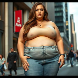 A colossal plus-size woman with long brown hair, extraordinarily large bust, and dressed in jeans that emphasize her grand size