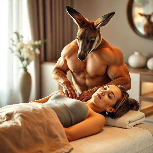 A muscular kangaroo gently massaging a relaxed woman