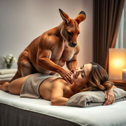 A muscular kangaroo gently massaging a relaxed woman