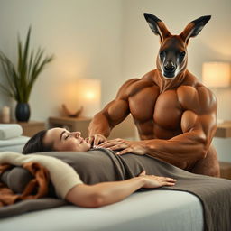 A muscular kangaroo gently massaging a relaxed woman