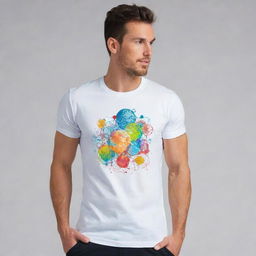 A white graphic t-shirt featuring creative and inspiring elements related to science, technology, engineering, and mathematics. The sleeves offer a splash of color that complements the design on the body.