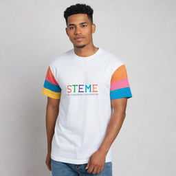 A white graphic t-shirt dedicated to STEM students with colored sleeves. The front prominently features the acronym 'STEM', while the phrase 'science, technology, engineering and mathematics' is creatively integrated into the design.