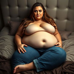 A gigantic plus-size woman with long brown hair and extremely large bust, wearing jeans, lying in a bed