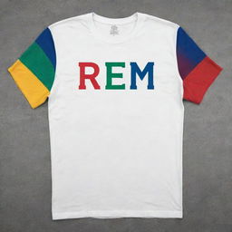 A white graphic t-shirt dedicated to STEM students with colored sleeves. The front prominently features the acronym 'STEM', while the phrase 'science, technology, engineering and mathematics' is creatively integrated into the design.