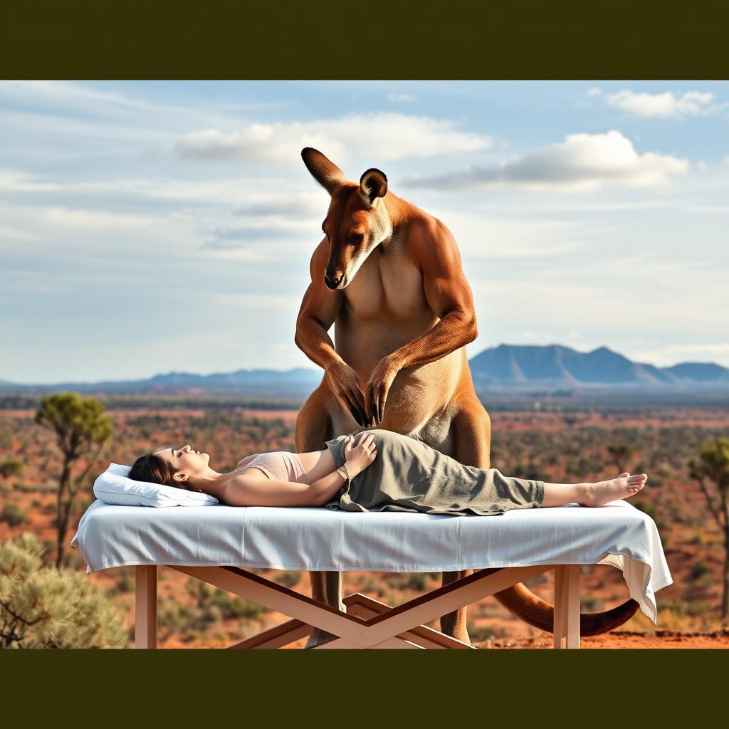 A muscular kangaroo performing a massage on a woman lying in a prone position, set against the backdrop of Australia's iconic landscape