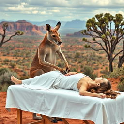 A muscular kangaroo performing a massage on a woman lying in a prone position, set against the backdrop of Australia's iconic landscape