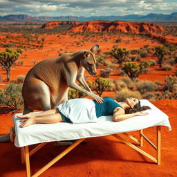 A muscular kangaroo performing a massage on a woman lying in a prone position, set against the backdrop of Australia's iconic landscape