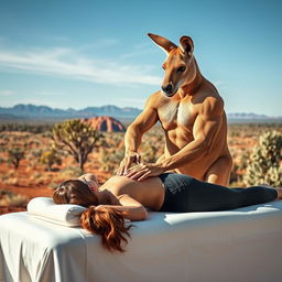 A muscular kangaroo performing a massage on a woman lying in a prone position, set against the backdrop of Australia's iconic landscape