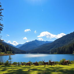 A serene landscape featuring a tranquil lake surrounded by lush green forests and majestic mountains in the background