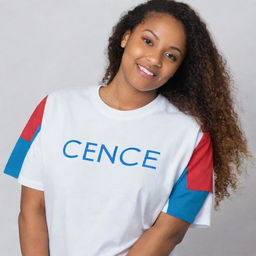 A white graphic t-shirt dedicated to STEM students with colored sleeves. The front prominently features the acronym 'STEM', while the phrase 'science, technology, engineering and mathematics' is creatively integrated into the design.