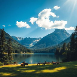 A serene landscape featuring a tranquil lake surrounded by lush green forests and majestic mountains in the background