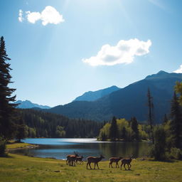 A serene landscape featuring a tranquil lake surrounded by lush green forests and majestic mountains in the background