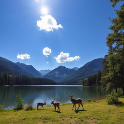 A serene landscape featuring a tranquil lake surrounded by lush green forests and majestic mountains in the background