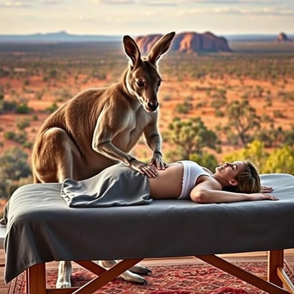 A muscular kangaroo performing a massage on a woman face down on a massage table, set against the expansive backdrop of Australia's iconic landscape