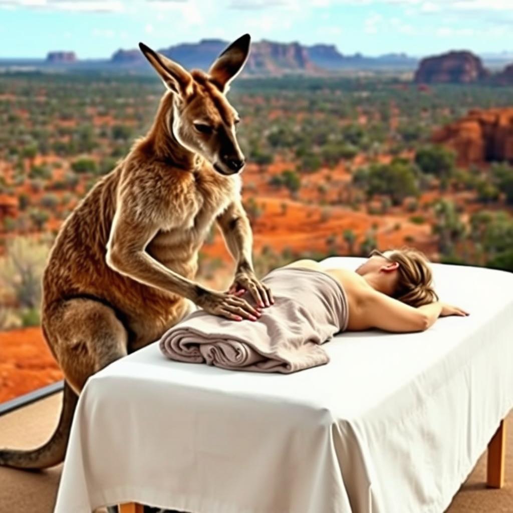 A muscular kangaroo performing a massage on a woman face down on a massage table, set against the expansive backdrop of Australia's iconic landscape