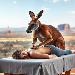 A muscular kangaroo performing a massage on a woman face down on a massage table, set against the expansive backdrop of Australia's iconic landscape