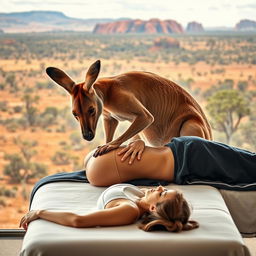 A muscular kangaroo performing a massage on a woman face down on a massage table, set against the expansive backdrop of Australia's iconic landscape