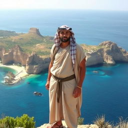 A prominent Egyptian man with distinctive facial features, capturing the essence of Egyptian heritage, standing proudly on a large and impressive peninsula