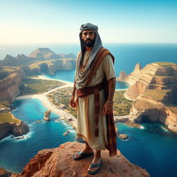 A prominent Egyptian man with distinctive facial features, capturing the essence of Egyptian heritage, standing proudly on a large and impressive peninsula