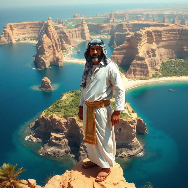 A prominent Egyptian man with distinctive facial features, capturing the essence of Egyptian heritage, standing proudly on a large and impressive peninsula