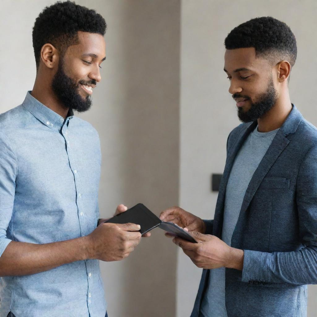 Two people standing face-to-face, one holding a sleek, modern smartphone, and the other holding a slim, cutting-edge tablet. They are in the process of swapping their electronic devices.