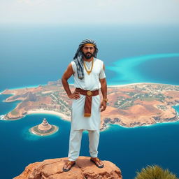 A prominent Egyptian man with distinctive facial features, capturing the essence of Egyptian heritage, standing proudly on a large and impressive peninsula