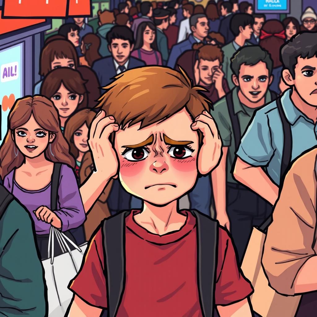 pixel art illustration of an autistic boy in a bustling crowd