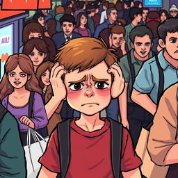 pixel art illustration of an autistic boy in a bustling crowd