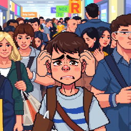 pixel art illustration of an autistic boy in a bustling crowd