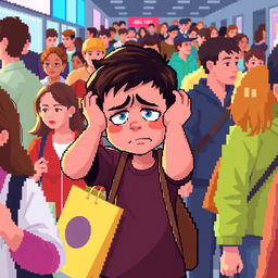 pixel art illustration of an autistic boy in a bustling crowd